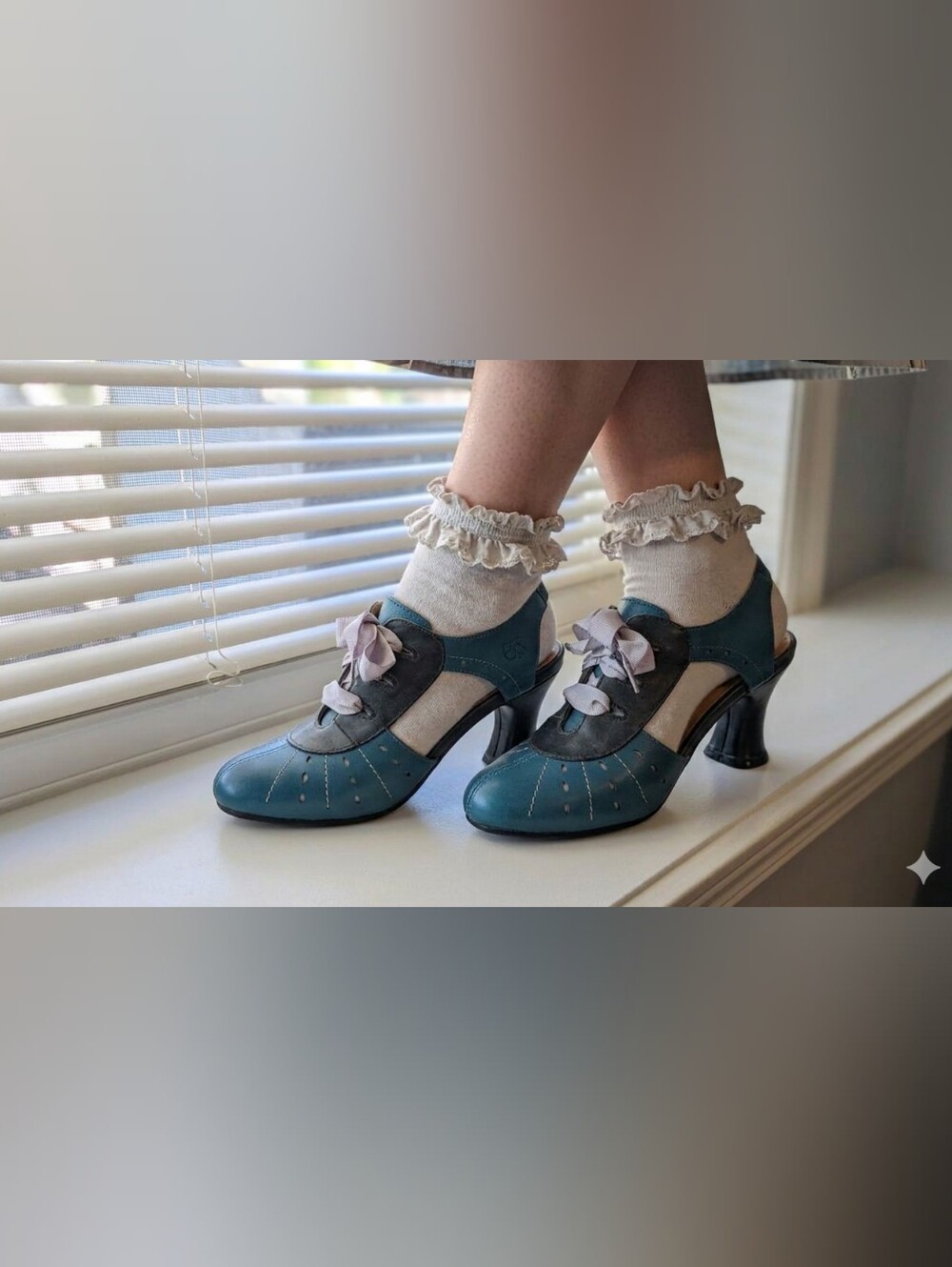 John Fluevog Teal and Black Slingback Heels with Ribbon Laces Size 9.5